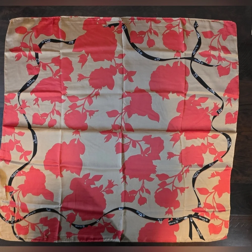 NWT Shang Qi Red Floral Silky Satin Square Scarf Head Wrap- 35